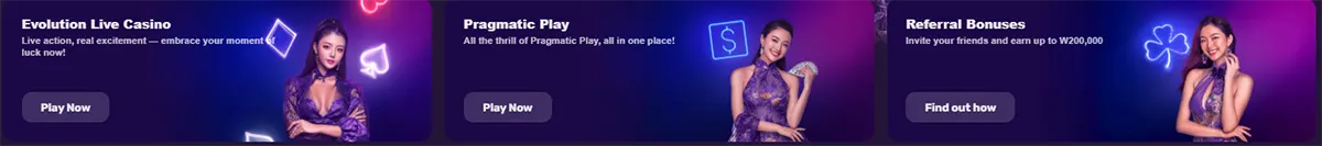 Woman in a purple dress posing beside neon card symbols in a promotional banner for live casino games. Woman in a purple outfit holding casino chips beside neon icons in a banner promoting slot games. Smiling woman in a purple dress holding chip cards with glowing neon symbols in a referral bonus banner.