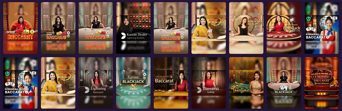Live casino interface showcasing multiple baccarat and blackjack tables with real female dealers. The image highlights various live gaming rooms presented in a grid layout. Designed to visually represent the diversity of available live casino games.